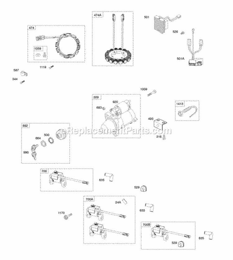 Alternator Regulator Ignition Coil Electric Starte Diagram and Parts List for 613477-1202-E1  Briggs and Stratton Engine